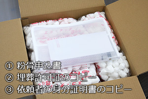 粉骨証明書、埋葬許可証のコピー、依頼者の身分証明書のコピー