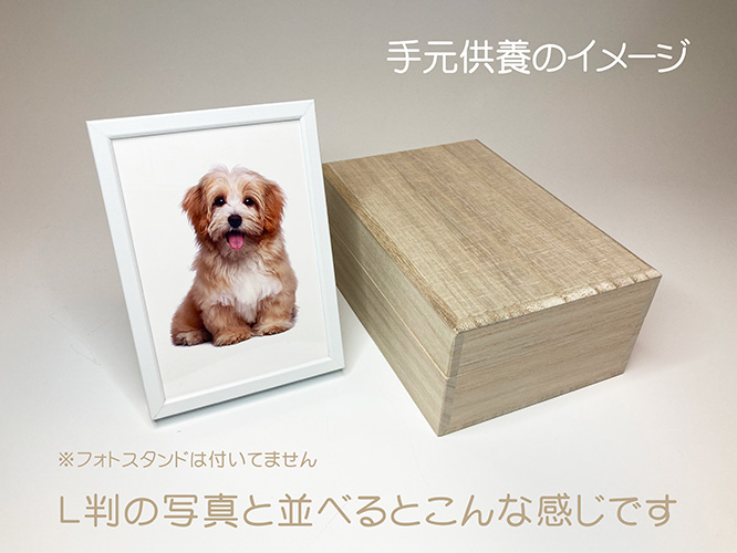 手元供養のイメージ　フォトスタンドは付いてません　L判の写真と並べるとこんな感じです